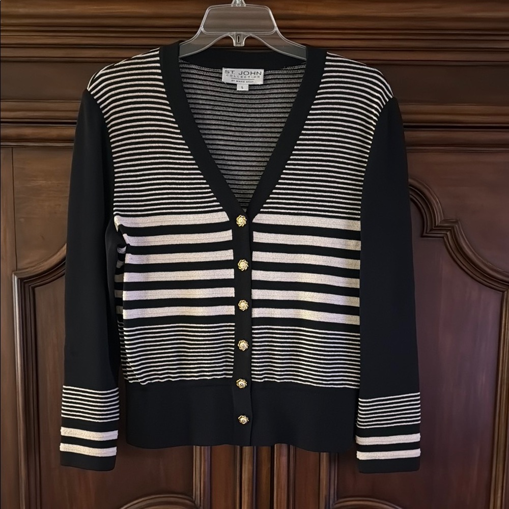 St. John Black and Cream Striped Cardigan Sweater